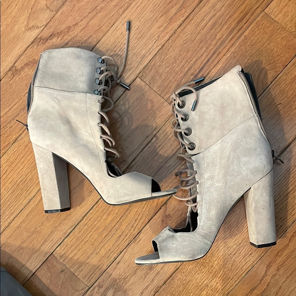 Beige Lace-Up Heeled Ankle Boots